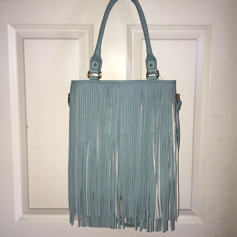 Teal/ light blue Cloud multi tote w/fringe NWT
